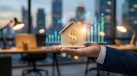 Businessman holding wooden house model with glowing dollar sign and rising bar charts, symbolizing real estate investment growth and property market profit.