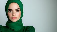 Young Middle Eastern woman wearing emerald green hijab and matching dress against light background, natural makeup and confident expression.