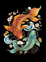 Ornamental koi fish pair with flowing fins and decorative waves, isolated on transparent background. Ready for t-shirts, stickers, clipart, sublimation, and print-on-demand designs.