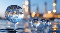 Crystal clear water drops on reflective surface with soft bokeh lights creating magical atmosphere. Macro photography captures liquid spheres in nature.