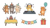 Cute cats celebrating party with dj mixing music, birthday cake table, festive bunting banner and balloon. Isolated clipart set for invitations, greeting cards and children designs.