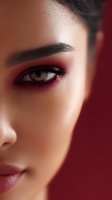 Close-up portrait showing dramatic burgundy smokey eye makeup and defined brow against red background, highlighting professional cosmetic artistry and beauty trends.