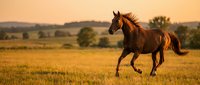 Majestic brown horse galloping freely across golden meadow at sunset with flowing mane and tail in rural countryside landscape for equestrian and nature themes.
