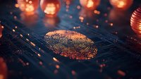 Digital fingerprint scan on circuit board with glowing orange light effects and bokeh, futuristic biometric security concept for cybersecurity and identity verification.