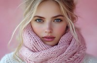 Young Caucasian woman with blue eyes and blonde hair wearing cozy pink knitted scarf and white sweater against pink background, natural makeup look and soft winter style.