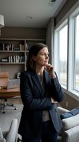 Middle-aged woman in dark blazer standing thoughtfully by office window, hand to chin, contemplating business strategy in modern workspace with bookshelves.