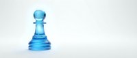 Translucent blue glass pawn chess piece standing alone on white background, representing strategy, business planning, and competitive gameplay for corporate and educational applications.