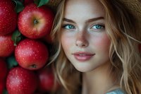 Young woman with freckles and blue eyes poses near fresh red apples, natural beauty portrait with soft lighting and autumn harvest atmosphere.