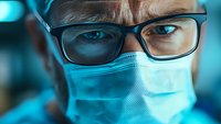 Close up portrait of medical professional wearing protective surgical mask and glasses in hospital environment with dramatic blue lighting and intense gaze.