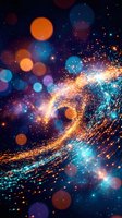 Abstract digital wave of glowing particles and bokeh lights flowing across dark space, featuring orange, blue, and purple tones for technology, innovation, and data visualization projects.