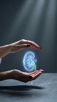 Protective hands surrounding glowing kidney hologram representing healthcare, medical protection, organ donation awareness and nephrology concepts.