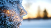 Frozen ice formation resembling human profile silhouette against winter sunset, crystalline texture catching golden light creates magical nature macro photography effect.