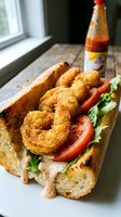 Crispy fried onion rings sandwich with fresh tomatoes and lettuce on crusty bread served with hot sauce bottle on rustic wooden table by window.