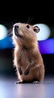 Curious capybara standing upright against colorful bokeh background, close-up portrait showing whiskers and gentle expression. Suitable for nature and wildlife publications.