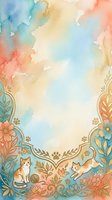 Watercolor floral frame with cute cats and paw prints on soft pastel background for greeting cards, invitations and decorative designs.
