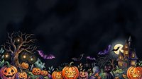 Spooky haunted mansion with glowing jack-o-lanterns, bare twisted tree, flying bats, and full moon on dark night sky. Halloween celebration backdrop.