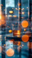 Glass of whiskey on reflective surface with orange bokeh lights creating magical atmosphere against blue evening background. Perfect for beverage advertising.