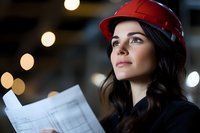 Female construction engineer in red safety helmet reviewing blueprints on construction site with bokeh lights in background, confident professional look.