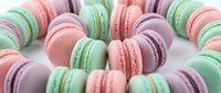 Colorful pastel French macarons arranged in a circle on white background, showcasing pink, mint, lavender, and peach desserts.