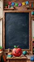 Blank chalkboard with wooden frame in classroom setting surrounded by colorful bunting, smiling apple character, stacked books, globe, pencils, and potted plants for educational content.
