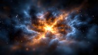 Dramatic cosmic nebula with glowing orange and blue gas clouds illuminated by starlight, creating ethereal space atmosphere with scattered stars and celestial dust.