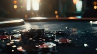 Casino poker chips scattered on dark reflective surface with atmospheric bokeh lighting, creating dramatic mood for gambling and entertainment concepts.