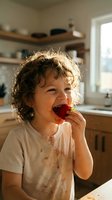 Toddler with curly blonde hair and fair complexion eating fresh red apple in bright kitchen with natural sunlight, messy face showing enjoyment of healthy snack.