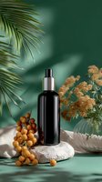 Black cosmetic bottle on stone with palm leaves, dried flowers, and yellow berries against green background for natural skincare product promotion.