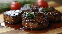 Juicy grilled beef tenderloin steaks with red wine reduction sauce, fresh rosemary garnish, and cherry tomatoes served on wooden cutting board. Close up food photography.