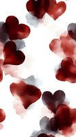 Romantic watercolor hearts in deep red and gray tones on white background create seamless pattern for Valentine's Day designs and love-themed projects.