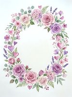 Watercolor floral wreath with pink and purple roses, hearts, and lavender sprigs on white background, for cards, invitations, and decor.