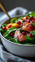 Fresh salmon salad with pomegranate seeds, spinach leaves, and sesame seeds in white ceramic bowl. Close-up view shows vibrant colors and textures for food styling.