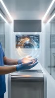 Medical professional in blue scrubs holding glowing holographic sphere in modern futuristic laboratory with advanced technology displays.