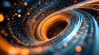Swirling orange and blue spiral pattern with glowing particles and bokeh effects creates dynamic abstract background for technology and innovation designs.