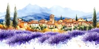 Watercolor Mediterranean village with stone houses and church bell tower amid blooming purple lavender fields, cypress trees and distant mountains in soft light.