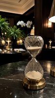 Elegant crystal hourglass with golden sand on marble surface in luxurious dark interior with candles and orchids for time management and sophisticated decor.
