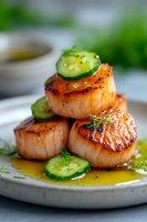 Seared sea scallops stacked with fresh cucumber slices and dill garnish in citrus butter sauce on white ceramic plate, macro food photography with soft focus.