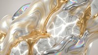 Flowing liquid gold and silver metallic waves with iridescent rainbow reflections creating luxurious abstract background for premium design projects.