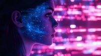 Young woman profile with glowing blue digital pattern overlay on face against pink neon city lights background, representing artificial intelligence and future technology.