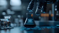 Dark laboratory glassware with mysterious liquid under microscope lenses, creating dramatic scientific atmosphere with blue tones and bokeh effect in research lab setting.