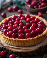 Fresh cherry tart with golden buttery crust on rustic wooden surface, topped with glossy red cherries in sweet glaze, garnished with green leaves.