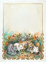 Watercolor frame with cute pet rats and hamsters playing among plants and books on textured paper background for greeting cards and stationery design.