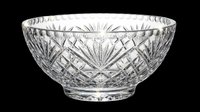 Cut crystal glass bowl with intricate diamond and fan patterns, isolated on transparent background. Ready for T-shirt design, clipart, stickers, and print on demand use.