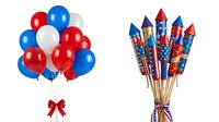 Patriotic red, white and blue balloons bunch with red bow and firework rockets with stars and stripes pattern isolated on white background for holiday celebrations and party decorations.
