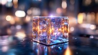 Glowing glass cube with magical light effects on dark background with bokeh lights, creating mystical atmosphere for fantasy and abstract designs.