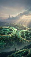 Futuristic cityscape with glowing digital gears and lone figure silhouette representing technology innovation and urban development concepts.