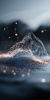 Glowing network connections form mountain peak shape with sparkles and bokeh effects on dark background, abstract digital art visualization for technology concept.