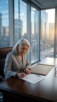 Senior businesswoman signing documents at executive desk in modern office with city skyline view during golden hour for corporate leadership concepts.