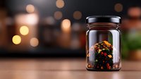 Glass jar with colorful loose leaf tea blend against dark background with soft bokeh lights, showcasing premium organic tea product for beverage marketing.