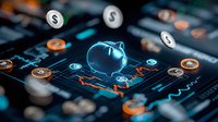 Glowing blue piggy bank hologram with floating dollar coins on digital trading chart background, representing financial technology and investment growth.